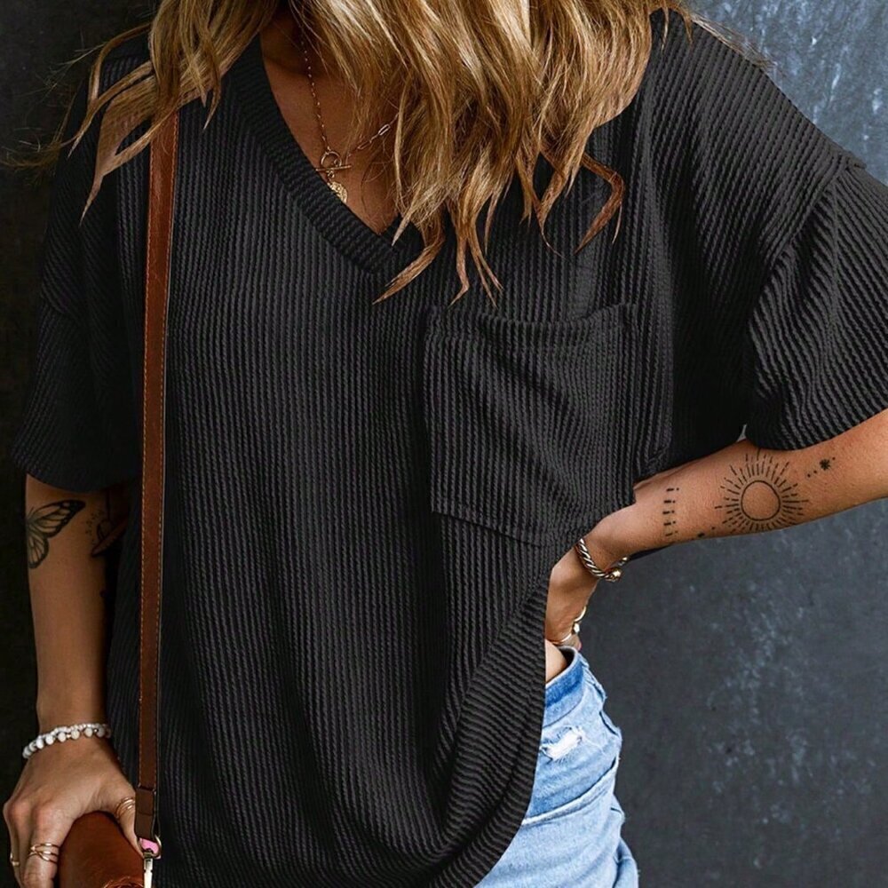 Black Casual Women's Twisted Threaded Short-Sleeved T-Shirt